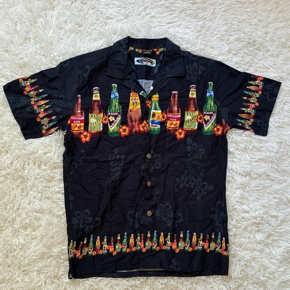 American Vintage Palmwave Hawaiian Beer short sleeve button up Shirt 90s summer